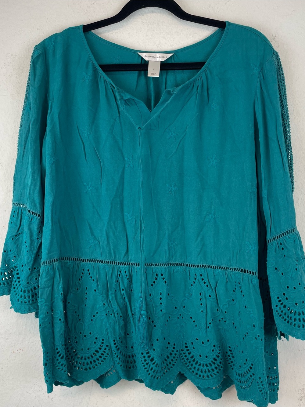 Christopher and Banks Teal Boho Eyelet top blouse with scallop sleeves and hem